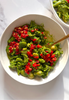 Green pasta with pepper salsa