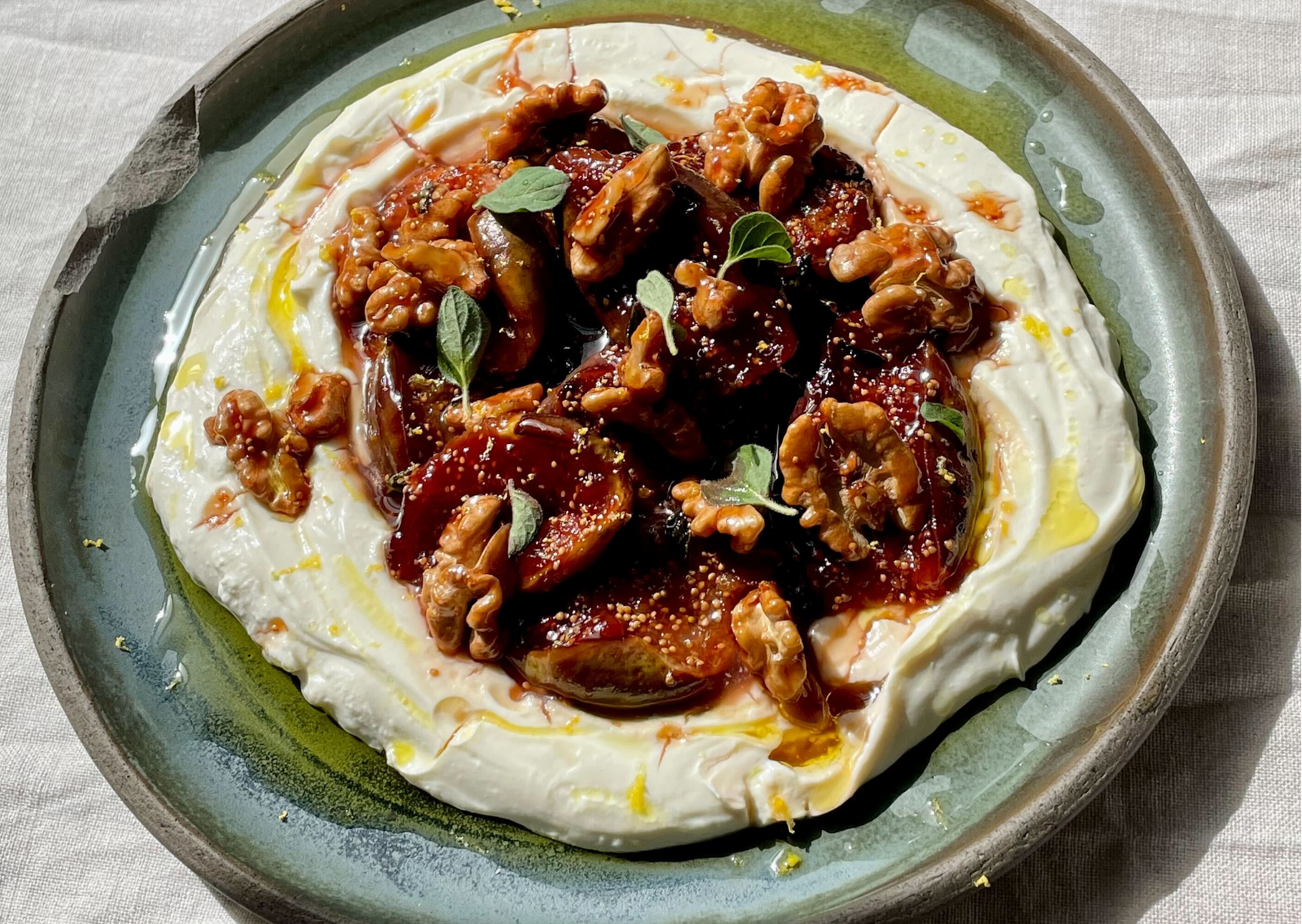Figs caramelised with extra virgin olive oil on whipped ricotta 