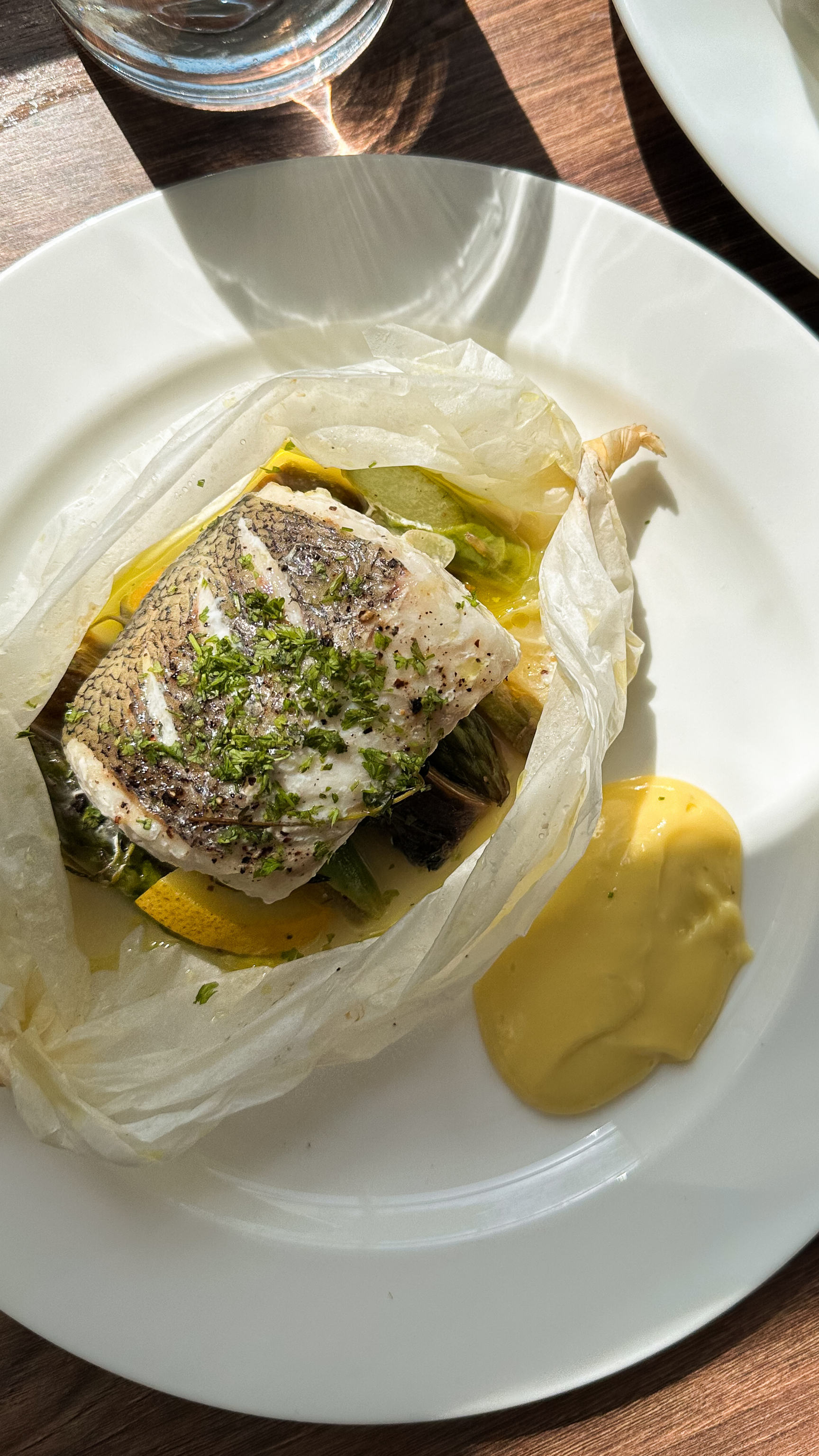 Hake and spring greens with EVOO aioli.