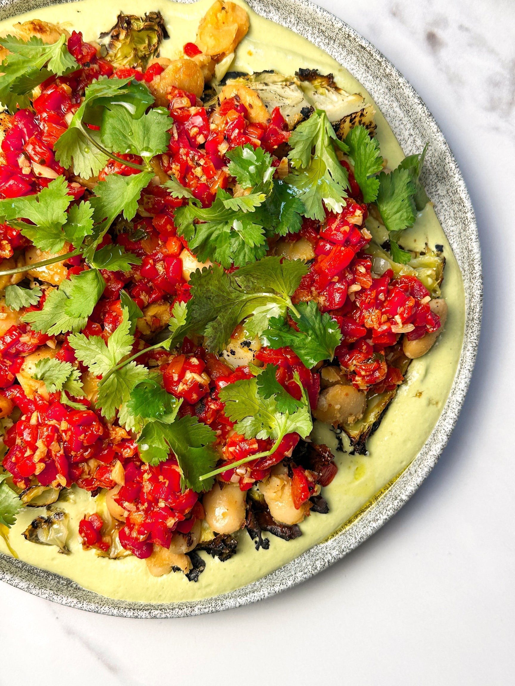 Roast cabbage, tofu whip, and red pepper salsa