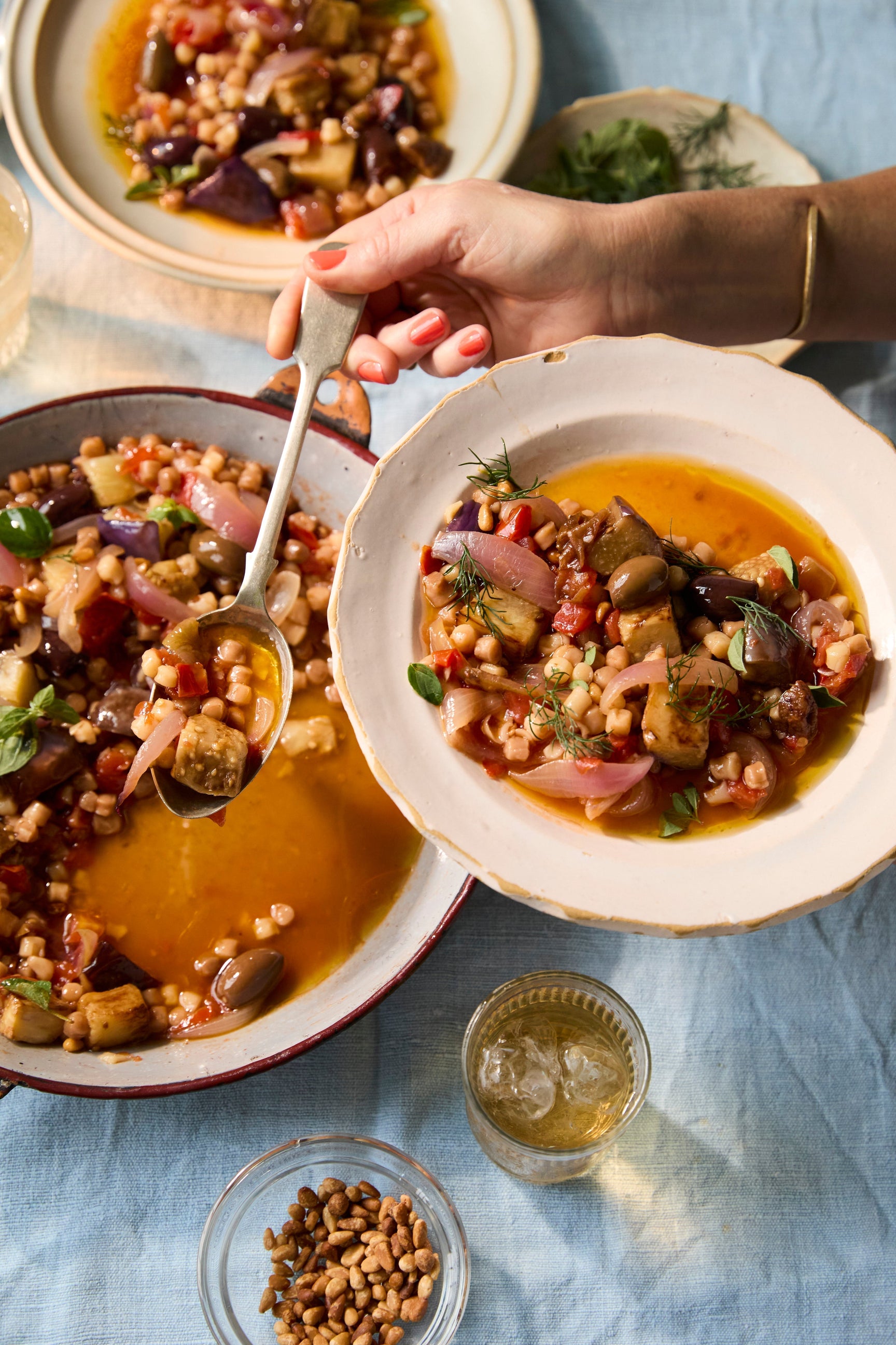 Aubergine, tomato, and kalamata olives.