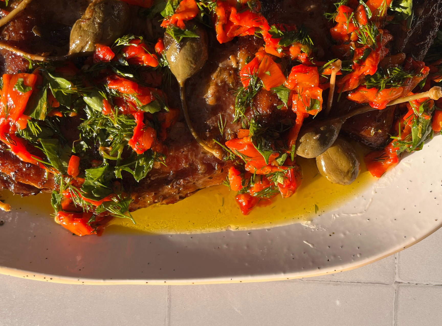 Slow-cooked lamb with red pepper salsa