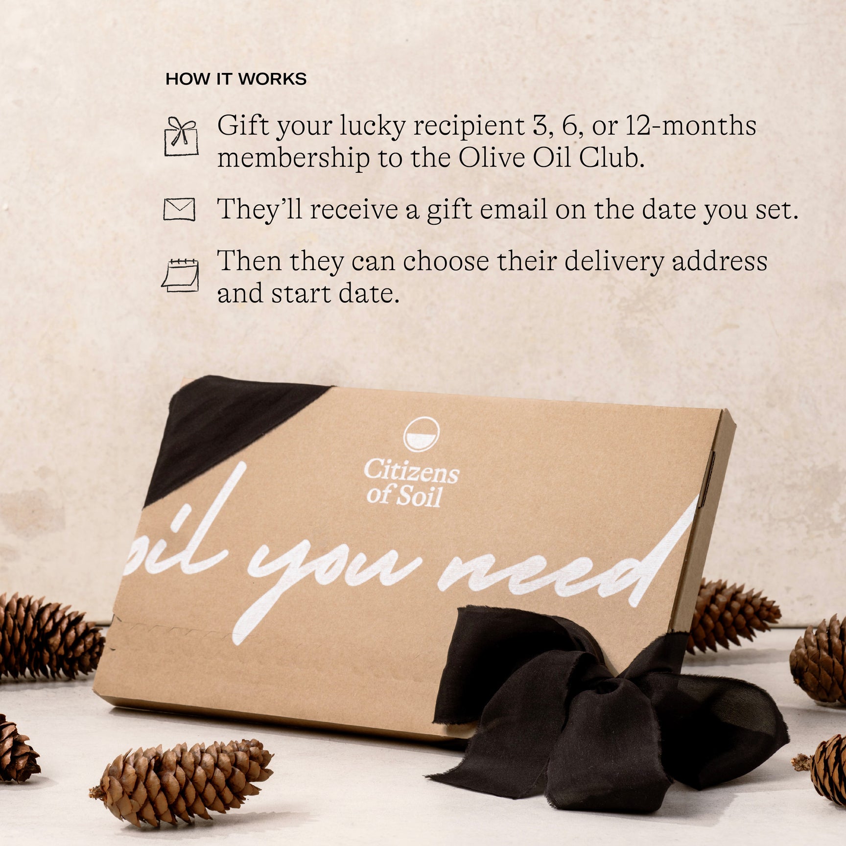 Olive oil club membership box with text explaining how to sign up